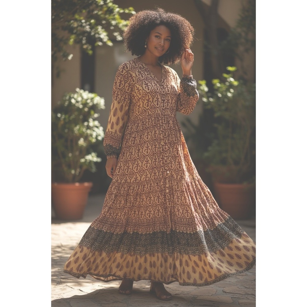 Vintage Ibiza Women's L Long Sleeve Cotton Maxi‎ Dress Tribal Print Hippie Style